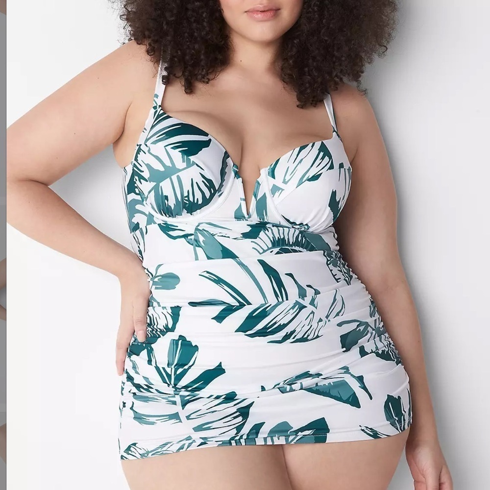 Cacique Swim 2023 Fitted Underwire Swim Tankini Top White Palm Leaves 44D